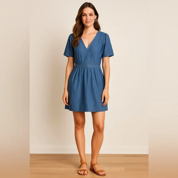 LOFT Denim Chambray V-Neck Short Sleeve Dress Size 2 NWT
